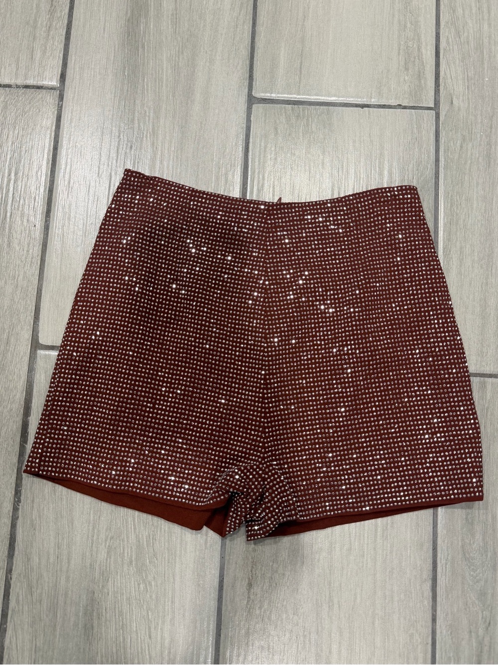 Cloud Ten Rhinestone High Waisted Shorts in Brown